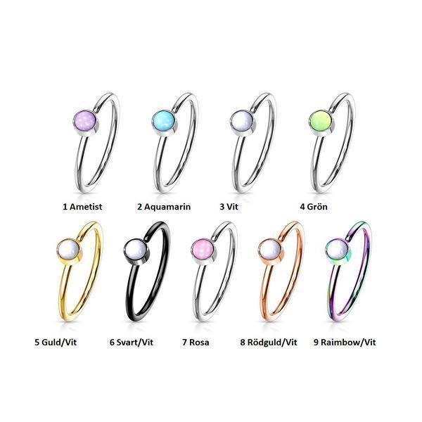 1Næsepiercing ring i 316 stål med "Glow in the dark" sten 9 Rainbow/vit