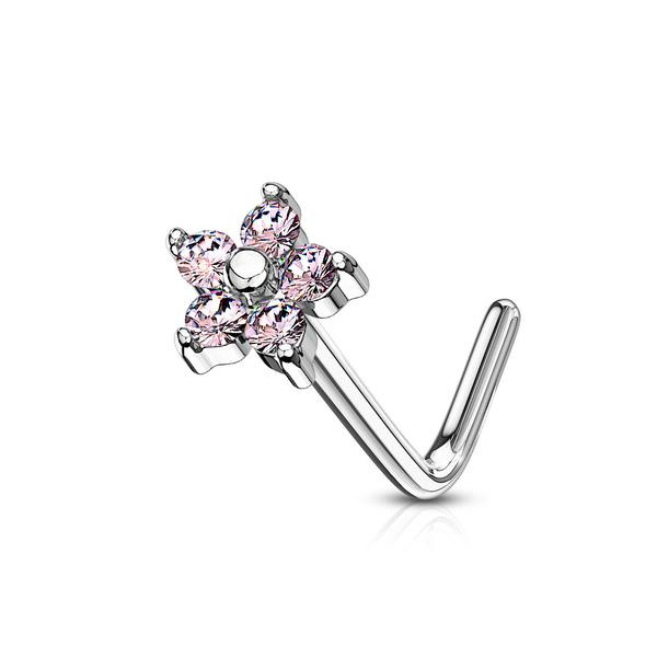 1St L-Blomformad näspiercing i 316L kirurgiskt stålstål med 5 CZ 5 Stål/Aquamarin CZ