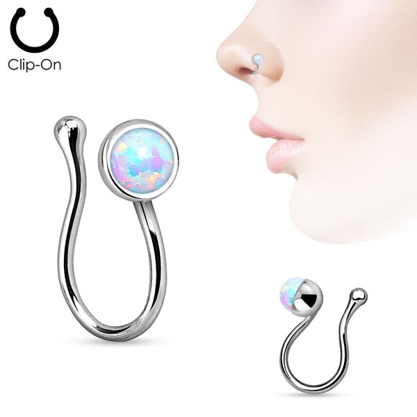 Clip On Rhodiumbelagt "falsk" nesepiercing med White Opal