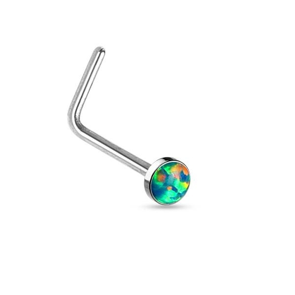 1 L-formad Näspiercing i 316L-stål med  Grön opalite 002.Grön