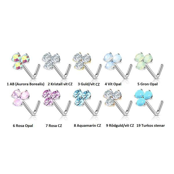 1 St. L-formad Näspiercing i 316L Kirurgiskt stål med 3 Stenar 6 Platina / Rosa Opal