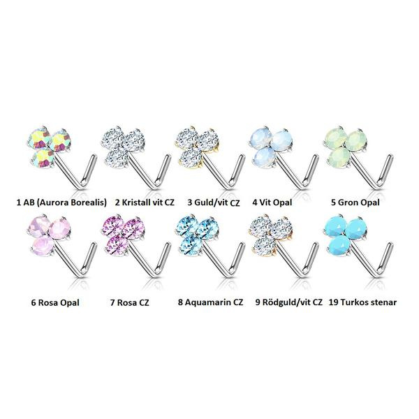 1 St. L-formet nesepiercing i 316L kirurgisk stål med 3 steiner 6 Platina / Rosa Opal