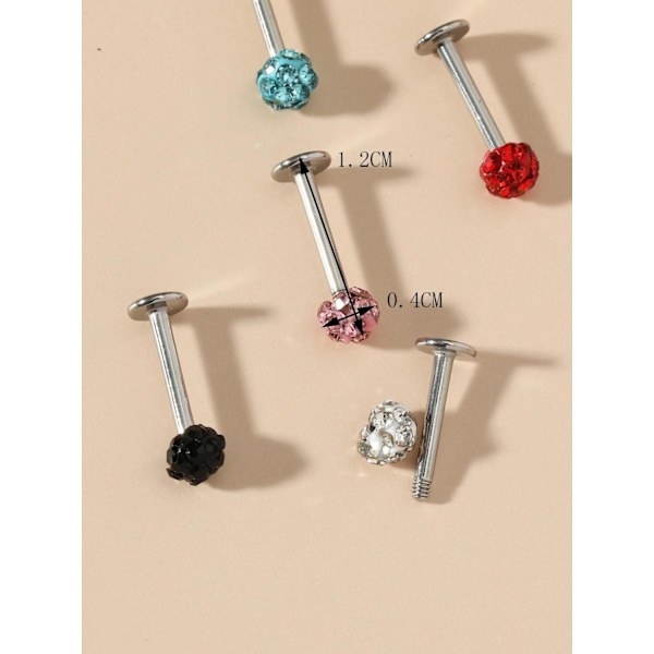 Pakke 5 Gjenget Tragus/Labret i IP-316L stålkule belagt med CZ Multicolor