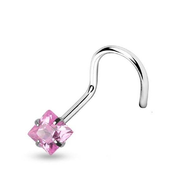 1 st Skruvbar näspiercing i 316L stål med  3 mm fyrkantigt CZ Rosa