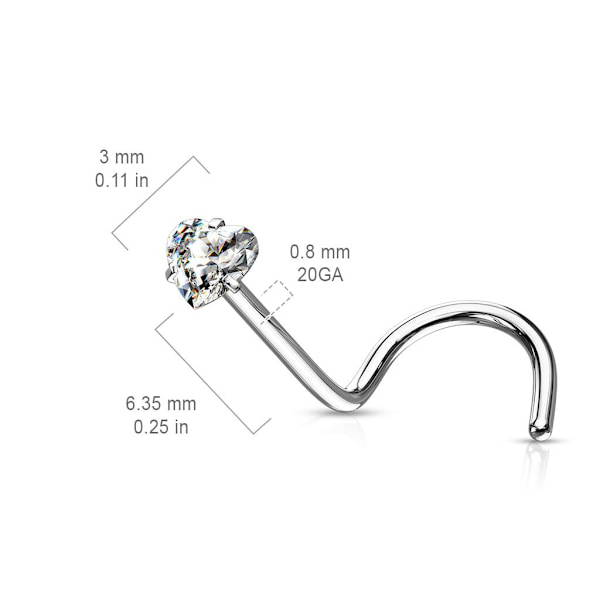 1 St  Skruvbar näspiercing i IP 316L stål Hjärtformad CZ 1 Stål /Kristall vit CZ