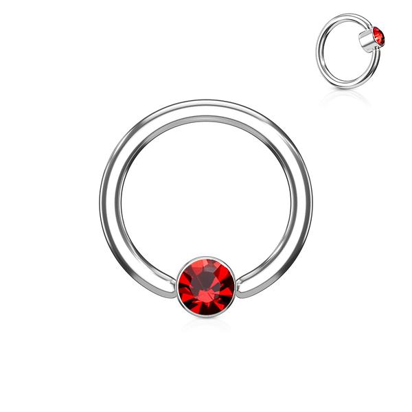 1Piercing ring i herdet 316L kirurgisk stål 1,2x8mm med rød CZ