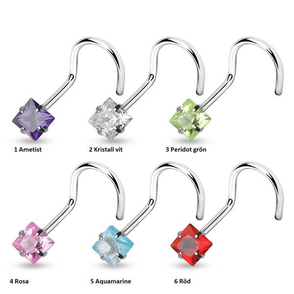 1 st Skruvbar näspiercing i 316L stål med  3 mm fyrkantigt CZ Rosa
