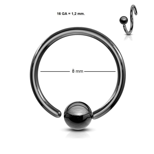 Fleksibel BCR Piercing i IP Sort 316L stål 16GA-8 mm Ø Black