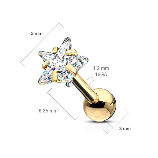 Tähtimäinen Tragus/rustolävistys IP-316L terästä 3 mm CZ