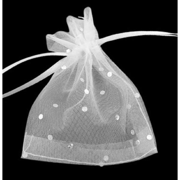 100 kpl Valkoisia hopeapisteisiä organzapusseja 10 x 12 cm.