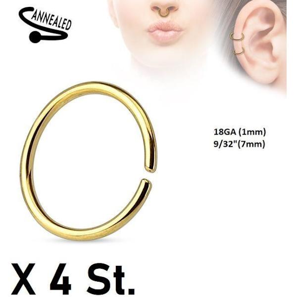 OPMÆRKSOMHED! 4 X 7 mm guldbelagt piercingring i 316L stål 1 mm tyk Gold X 4