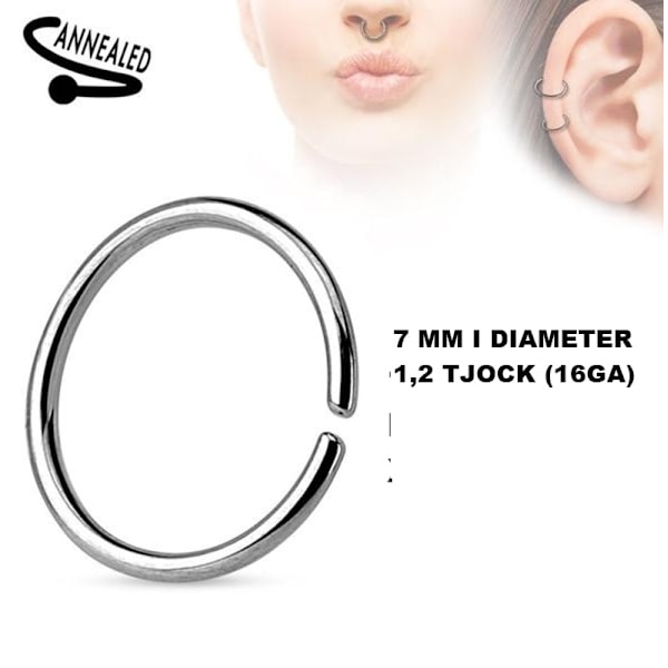 2 x 7mm Piercingringar 16GA(1,2mm) i annealed 316L Kirurgisk stål