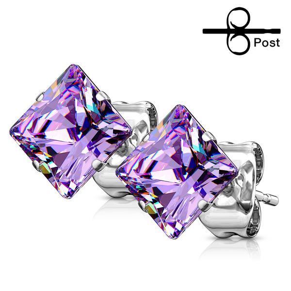 Korvakorut 316L Kirurgista terästä, 4 mm:n neliö CZ LightPurple 6 tanzanite