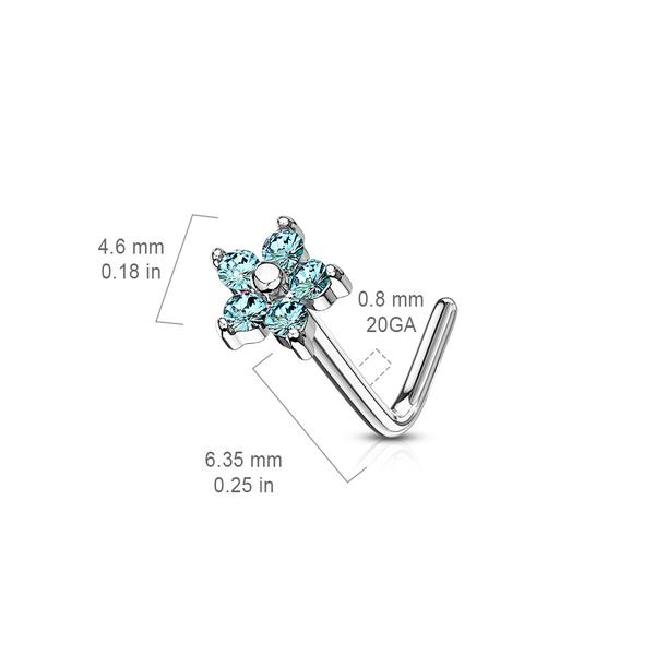 1 stk L-Blomstformet nesepiercing i 316L kirurgisk stål 5 Aqua CZ.