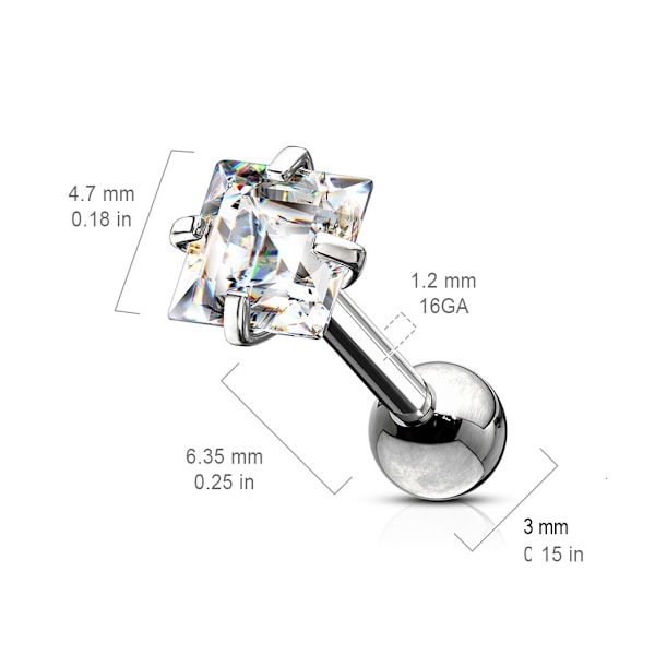 Pack 3 Tragus/Cartilage Piercingar IP-stål 4,7 mm Fyrkant CZ