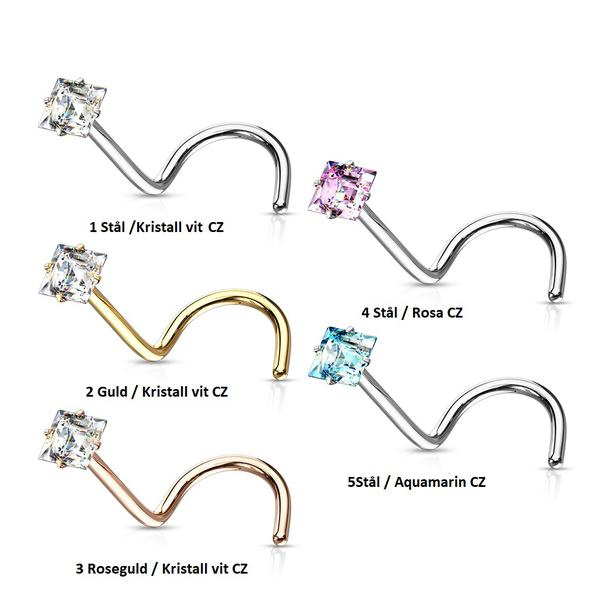1 St  Skruvbar näspiercing i IP 316L stål med 2, 5 fyrkantigt CZ 2 Guld/ Kristall vit  CZ