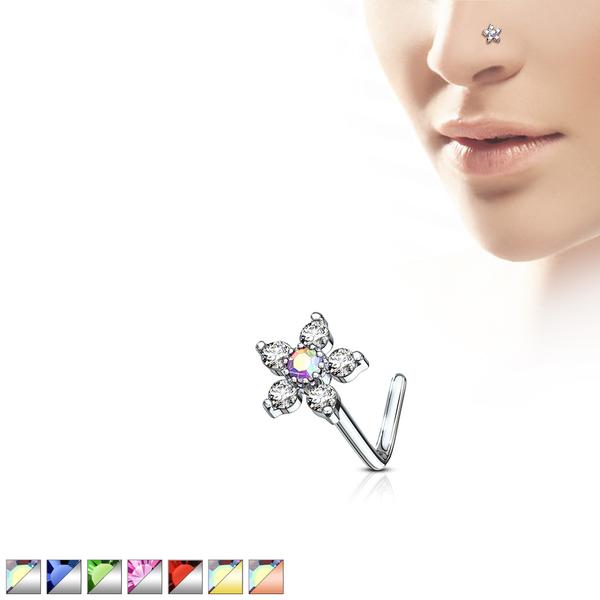 Blomsterformet L-nesepiercing i 316L kirurgisk stål med cubic zirconia 3 Grön/vit