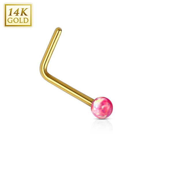 1 L-formet nesepiercing i 14 karat gull med 2 mm rød opalkule Red