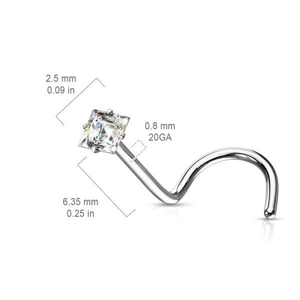 1Skruvbar näspiercing i IP 316L stål med 2,5mm fyrkantigt vit CZ