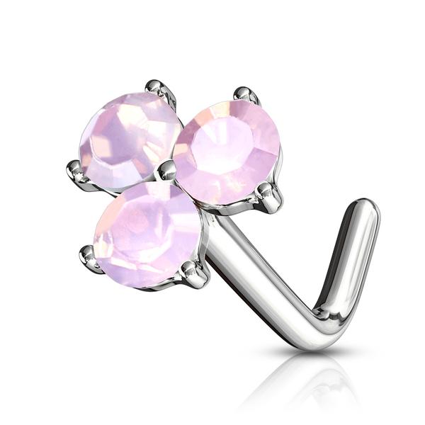 1 L-formet nesepiercing i platinabelagt stål med 3 rosa opaler