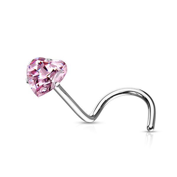 Påskrudd nesepiercing i 316L stål med 3 mm hjerteformet zirkon 4 rosa