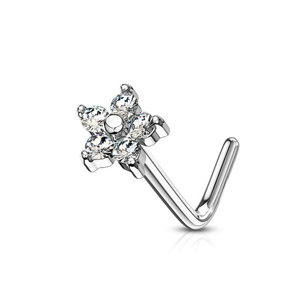 1St L-Blomformad näspiercing i 316L kirurgiskt stålstål med 5 CZ 5 Stål/Aquamarin CZ