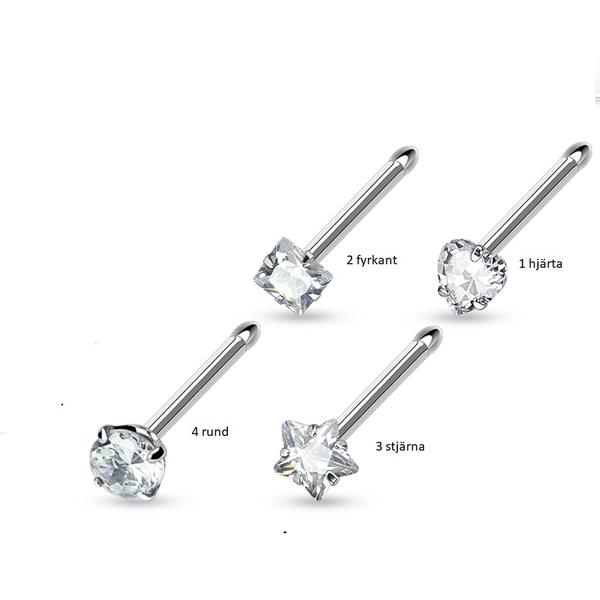 1 stk. Næsepiercing i 316L stål med 3 mm cubic zirconia 2 fyrkant