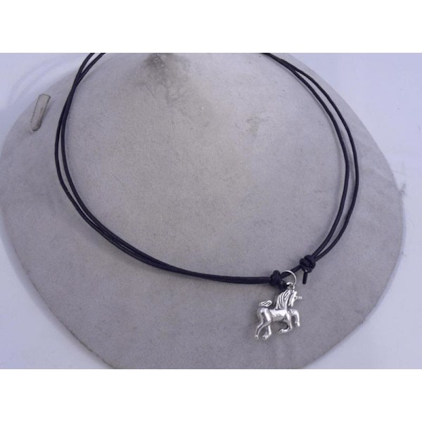 Ställbar läder halsband med unicorn  hänge i tibet silver Unicorn svart