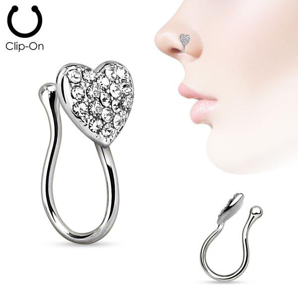 Clip On Hjerteformet næsepiercing med hvid CZ Platinum steel