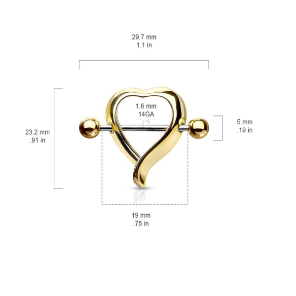 Hjerteformet Nipple Shield Ring i forgyldt 316L stål Gold