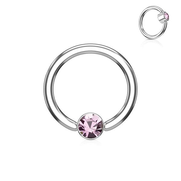 1Piercingring i Härdad 316L kirurgiskt stål 1,2x8mm med Rosa CZ