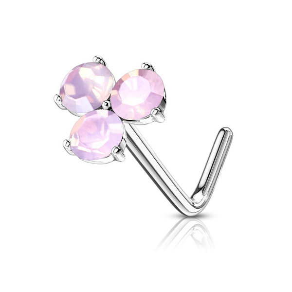 1 St. L-formet nesepiercing i 316L kirurgisk stål med 3 steiner 6 Platina / Rosa Opal