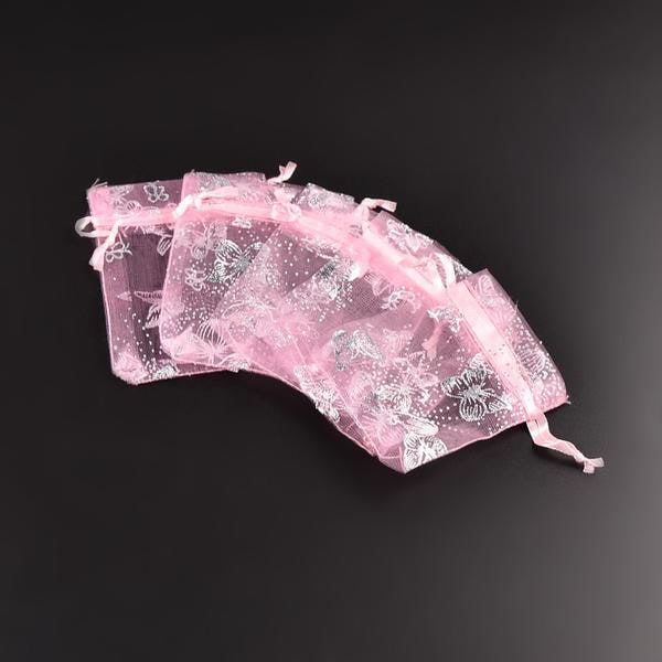 100 kpl. Organza pussit n. 7x9 cm..Pink perhosilla