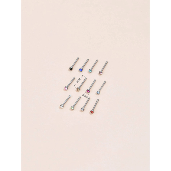 Pack med 12 st. Näspiercing i 316L stål med 2 mm cubik zirkon