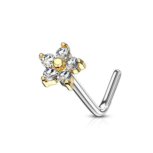1St L-Blomformad näspiercing i 316L kirurgiskt stålstål med 5 CZ 1 Stål/AB (Aurora Borealis) CZ