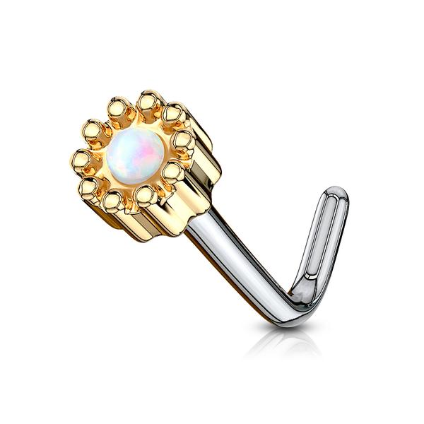 1 St. L-Formad näspiercing i 316L kirurgiskt stål med Opal 1 Guld/Vit Opal