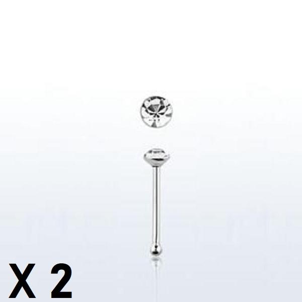 Obs 3 st. Näspiercing i silver med 2 mm. rund vit strass  (k)