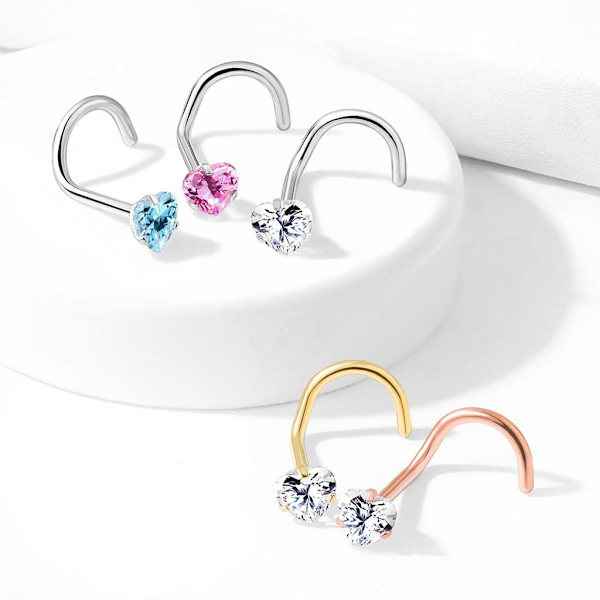 1 St  Skruvbar näspiercing i IP 316L stål Hjärtformad CZ 4 Stål / Rosa CZ