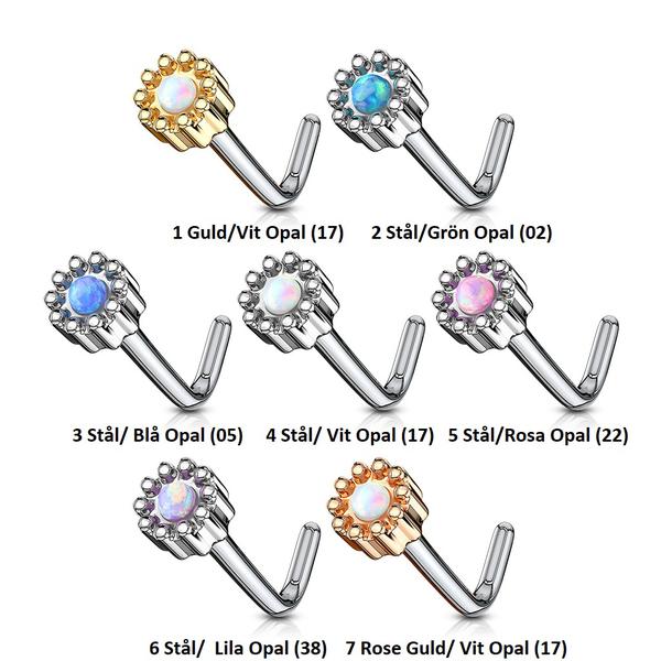 1 St. L-Formad näspiercing i 316L kirurgiskt stål med Opal 4 Stål/Vit Opal