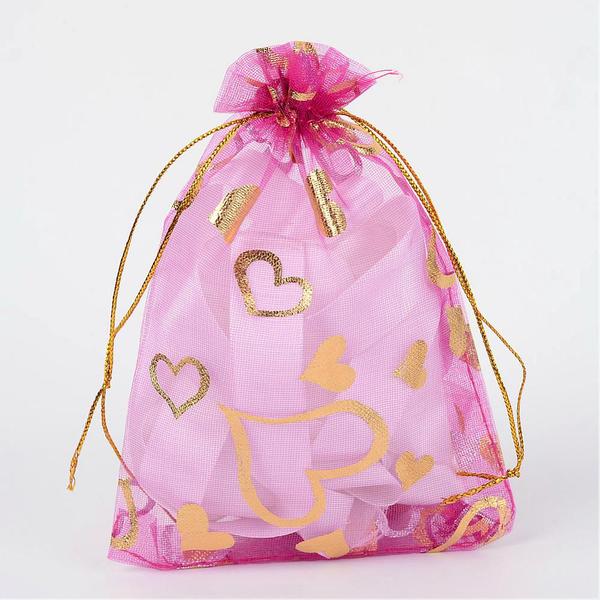 100 stk Store Fuxia med Guld hjerter organza poser ca 13x18 cm.