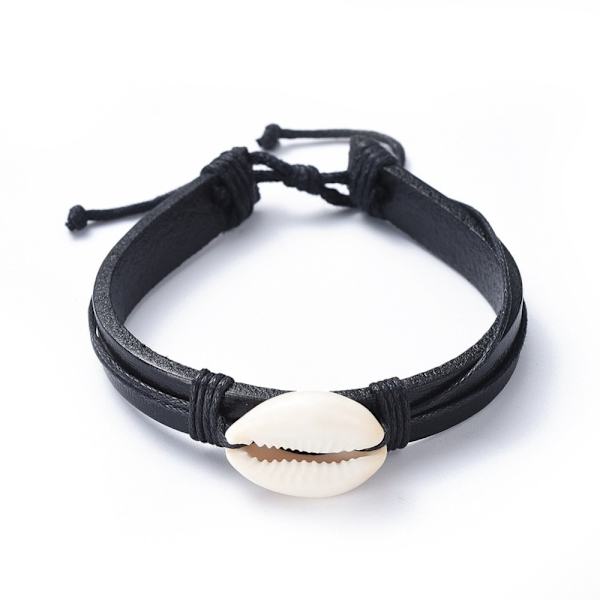Justerbar  Svart Läder Armband med Kaurisnäcka