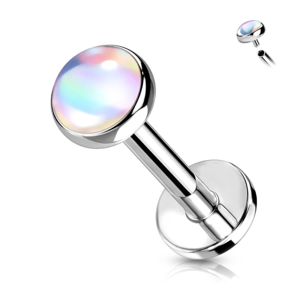 Gängad Labrets piercing med 4 mm skimrande Vit sten , 8mm lång. Titanium grey