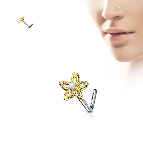 Blomsterformet L-nesepiercing i gullbelagt 316L stål med hvit opal