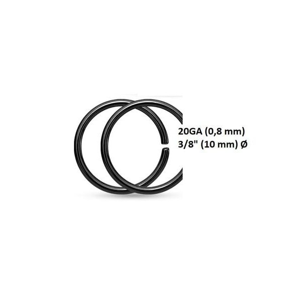 1 Par Piercing ringar i IP Svart 316L Stål 0,8 mm tjock 10 mm Ø