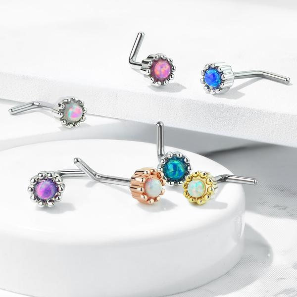 1 St. L-Formad näspiercing i 316L kirurgiskt stål med Opal 6 Stål/Lila Opal