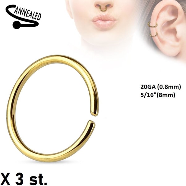 OBS 2st 8 mm Guldpläterad Piercingringar i 316L Kirurgiskt stål Gold pack med 3