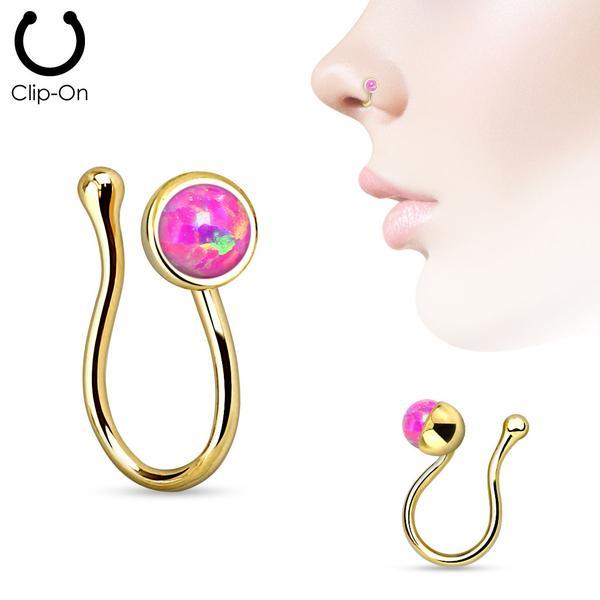 Clip On Gullbelagt "falsk" nesepiercing med Pink Opal