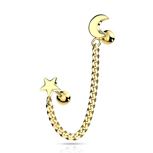 Barbell Linked kæde med Star and Moon i 316 kirurgisk stål 2 Guld