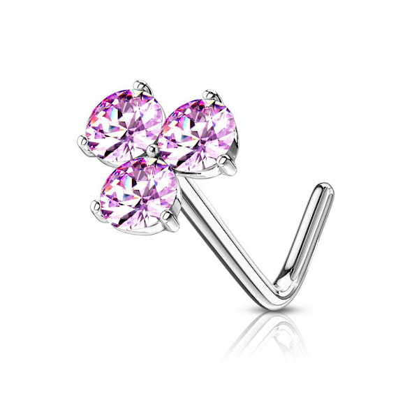1 St. L-formet nesepiercing i 316L kirurgisk stål med 3 steiner 7 Platina/ rosa CZ