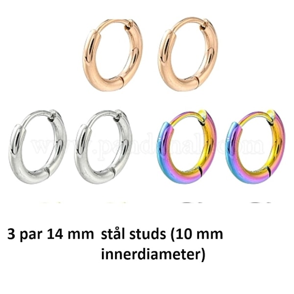 Pack med 3 st. i 316L kirurgiskt stål Hoops örhängen 14 mm.